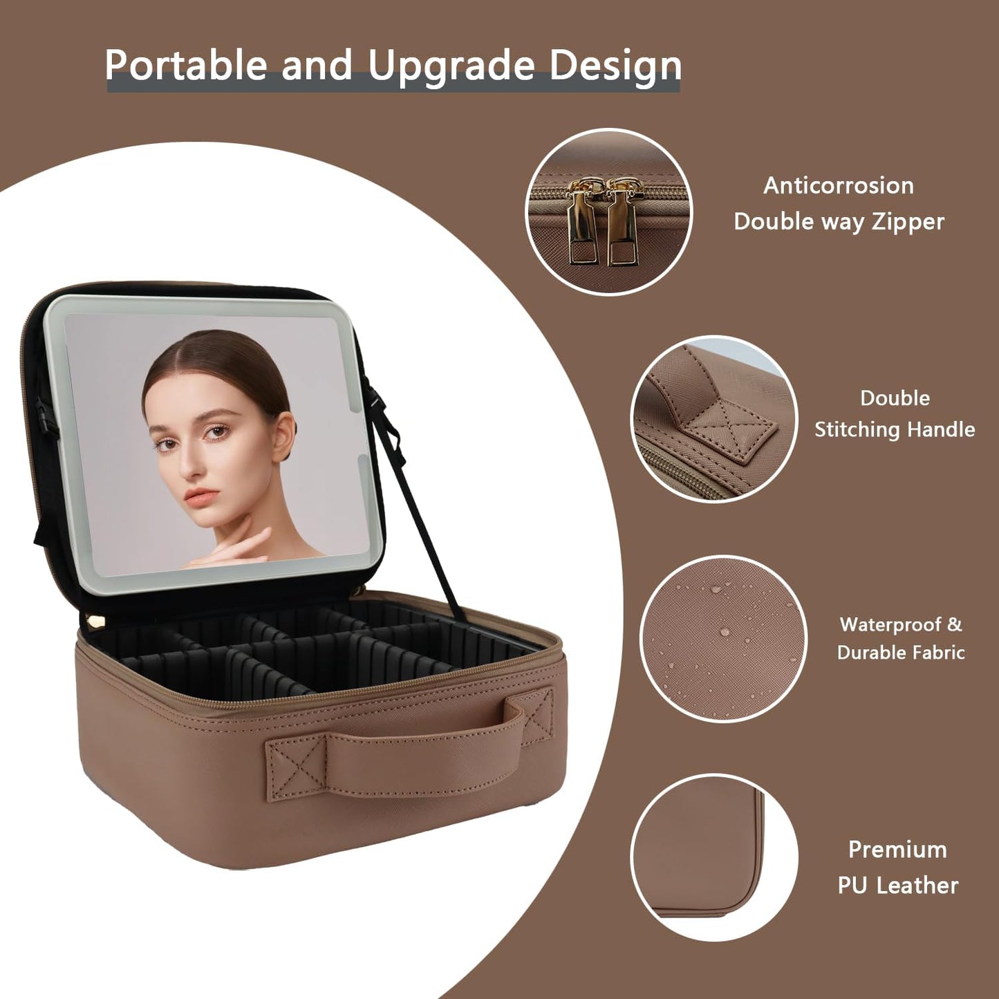 Makeup Bag with Led Mirror,Travel Makeup Organizer with 3 Color Setting, Portable Storage and Adjustable Dividers Travel Makeup Bag(Mocha)