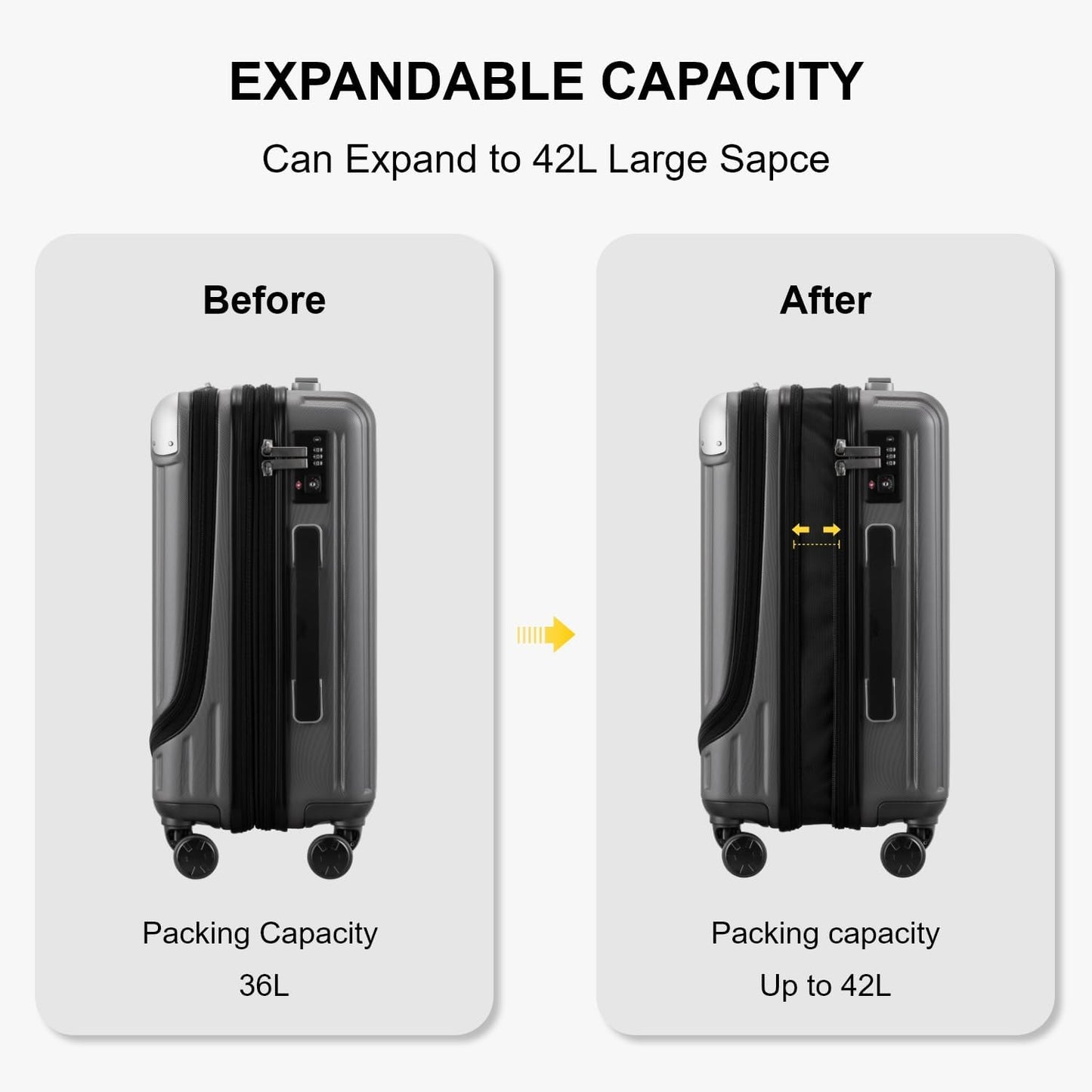 LEVEL8 Grace Carry on Luggage, 20 Inch Expandable Hard Shell Suitcases with Wheels, Abs+Pc Harshell Spinner Luggages with Tsa Lock, Travel Bag for Women Men, Grey