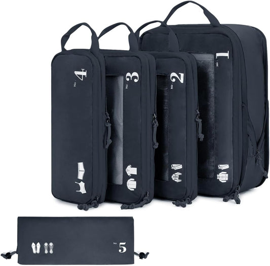 ECOHUB 5 Set Compression Packing Cubes for Suitcases Organiser Bags Set Travel Essentials with Shoe Bags for Travel Tear-resistant Travel Accessories with ID Tag Expandable Packing Bags(Navy Blue)