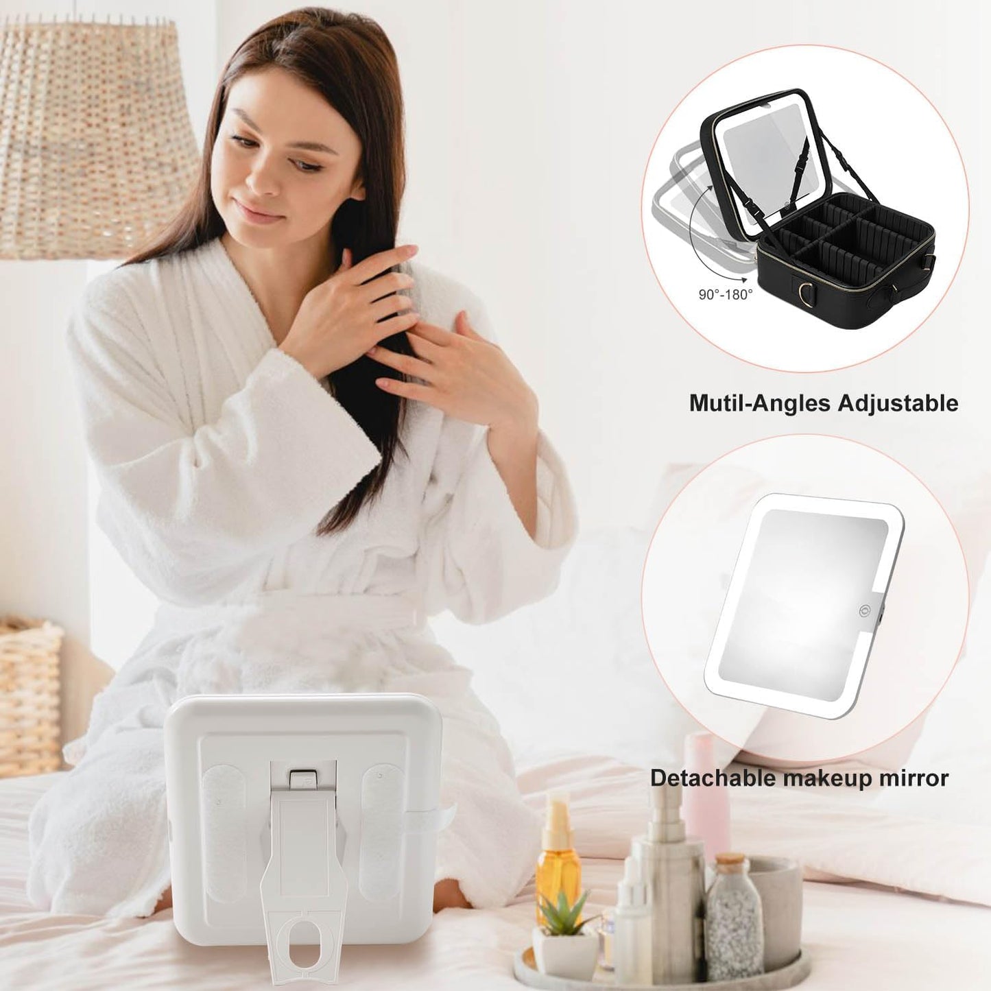 Mocado Travel Makeup Bag with LED Lighted Mirror,Travel Makeup Organizer,Makeup Case with 3 Color Lighted Setting and 10x Magnifying Mirror,Portable Storage and Adjustable Dividers Makeup Box(Black)