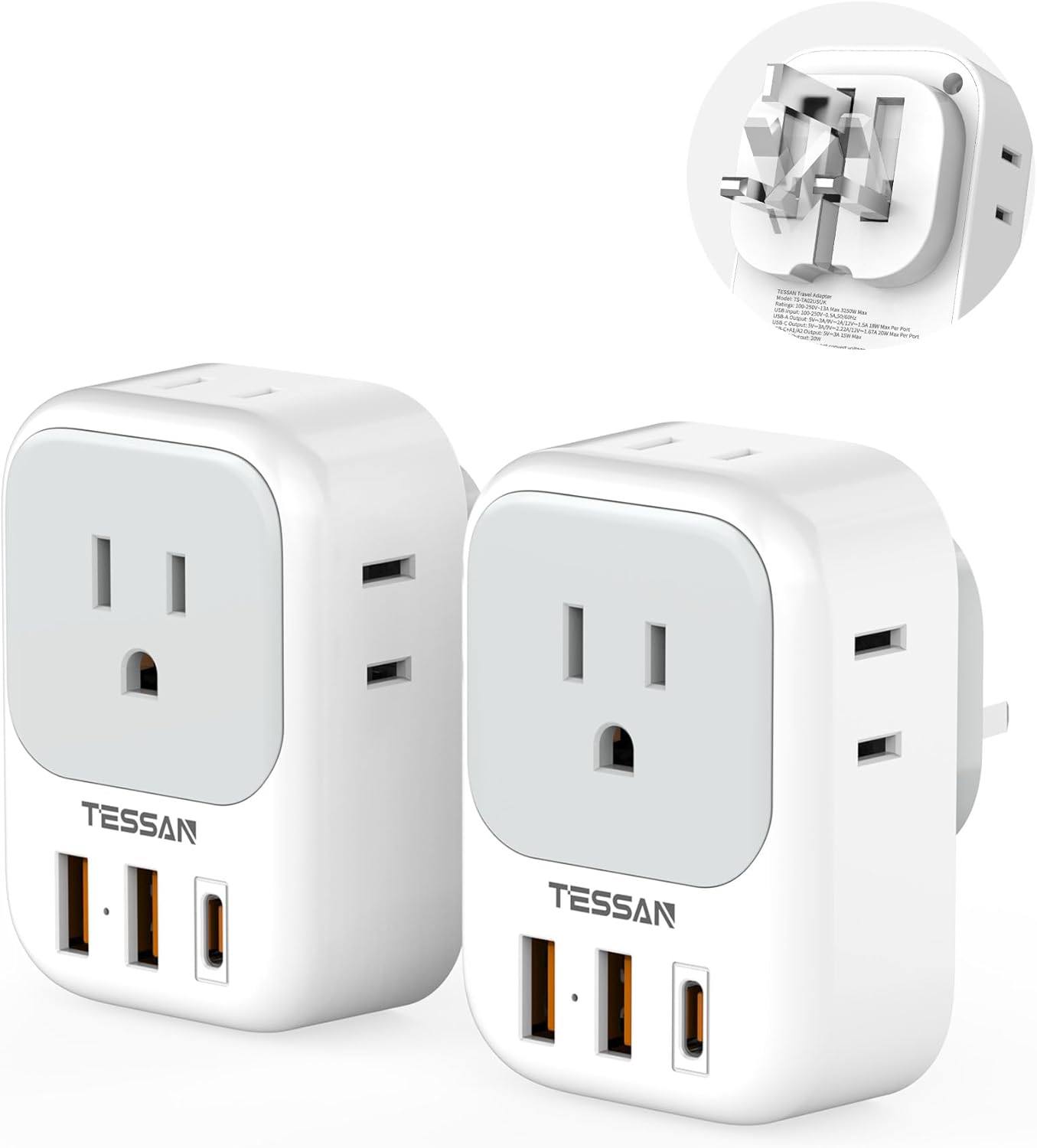 UK Adapters for Travel, TESSAN US to UK Ireland Plug Adapter 20W, Foldable Power Adaptor with 4 Outlets 3 USB(PD 20W 1 USB C) Charger, Type G for USA to Scotland London England HongKong Dubai Irish