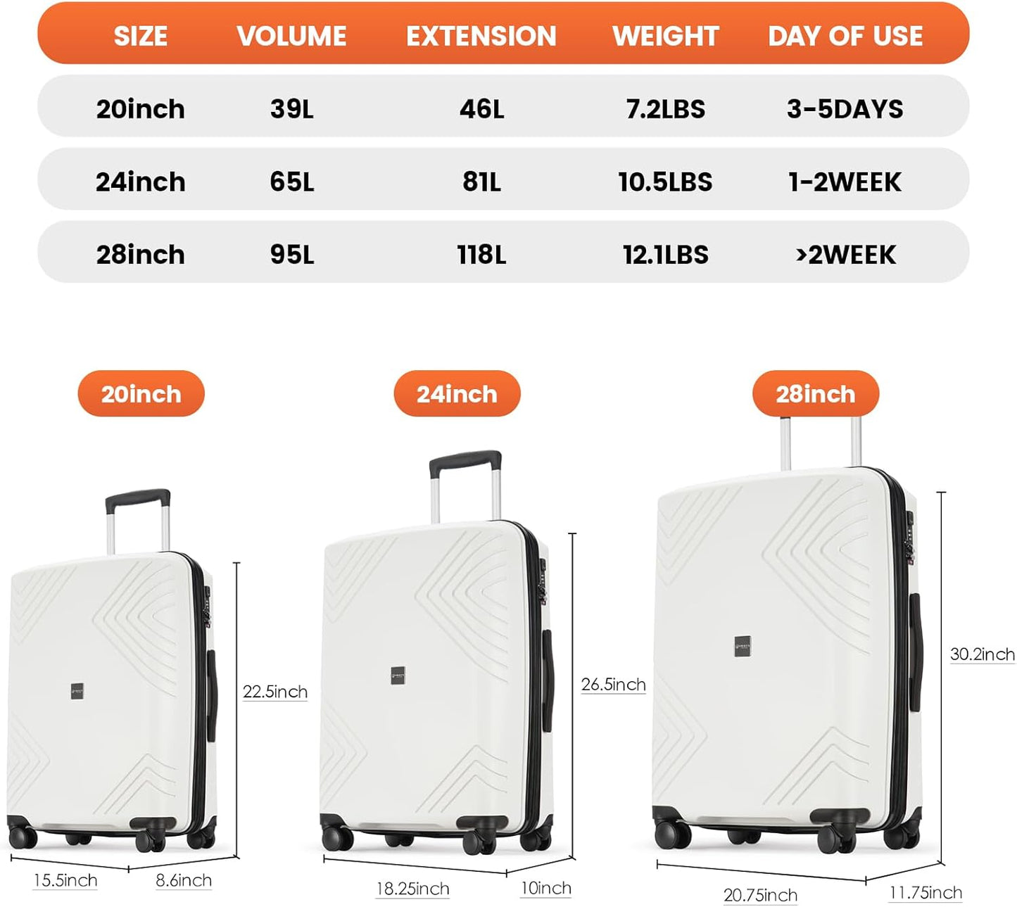 PRIMICIA GinzaTravel Rune series expandable 3 Luggage Sets,Lightweight Hardside Suitcase With Spinner Wheels TSA Lock,PP material business fashion suitcase