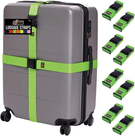 GORILLA GRIP Heavy Duty 8 Pack Adjustable Luggage Straps for Suitcases, Easy to Identify Travel Belt Connector Holds Suitcase Together, Extends Life of Bag, Strap Connects Two Bags, Accessories Green