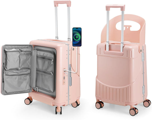 Ride On Luggage with Foldable Seat for Kids&Adults with Seat Belt,Hardshell Ride On Suitcase with Front Pocket,Lockable 4-Spinner Wheels,USB Port,TSA Lock,20 inch,Pink