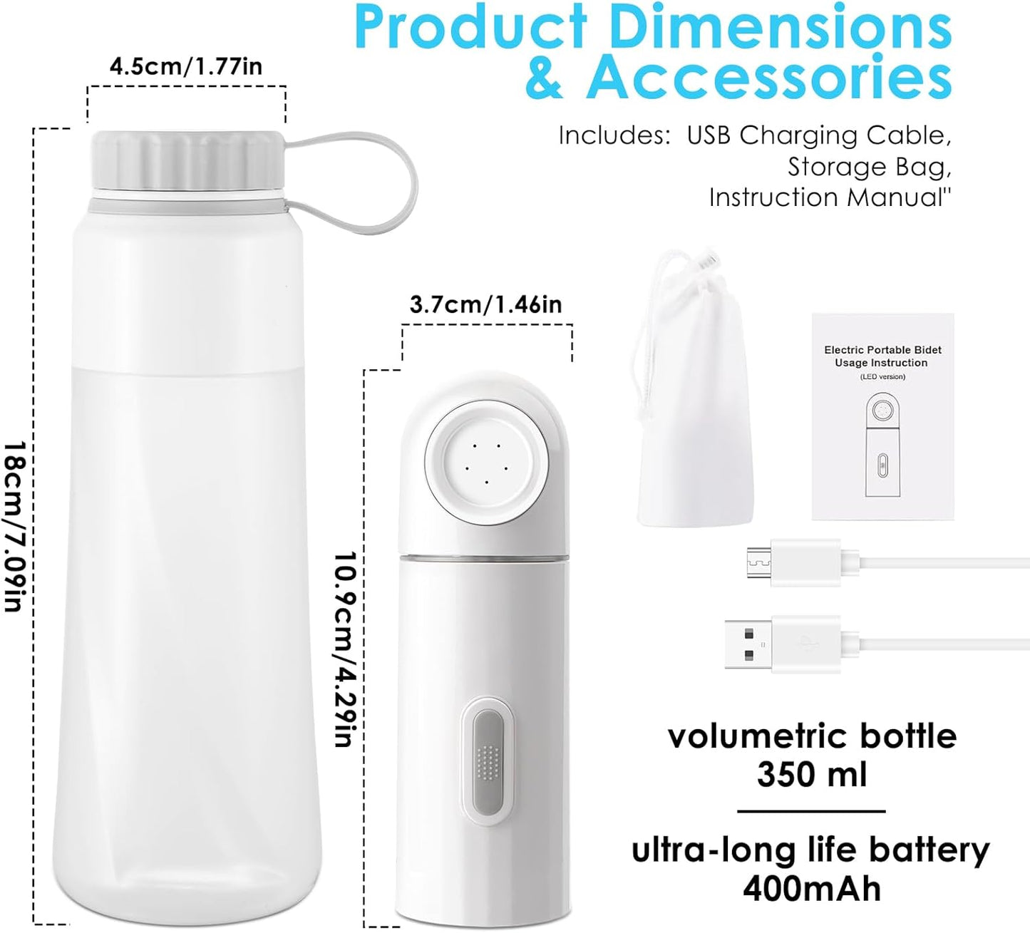 Portable Electric Travel Bidet, 450ML Electric Sprayer Bidet with Built-in Body for Easy Storage, Two Pressure Modes for Personal Hygiene Cleaning for Women and Men, White