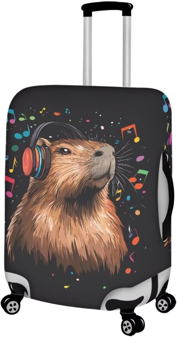 Capybara Luggage Cover Fits 18-21 Inch Luggage Anti-Scratch Spandex Zipper Suitcase Cover Protector Washable Stretchable Travel Baggage Case Cute Travel Essential, Music Note, Size S