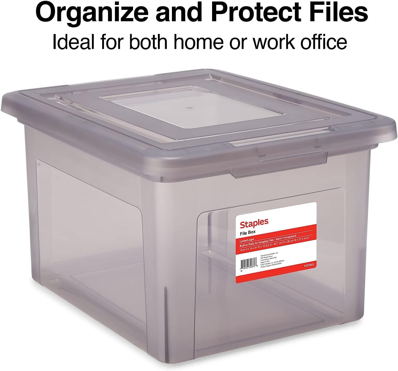 STAPLES Hanging File Folder Box, Storage Bin Organizer, Snap Lid, Letter & Legal Size Documents, Frost Gray
