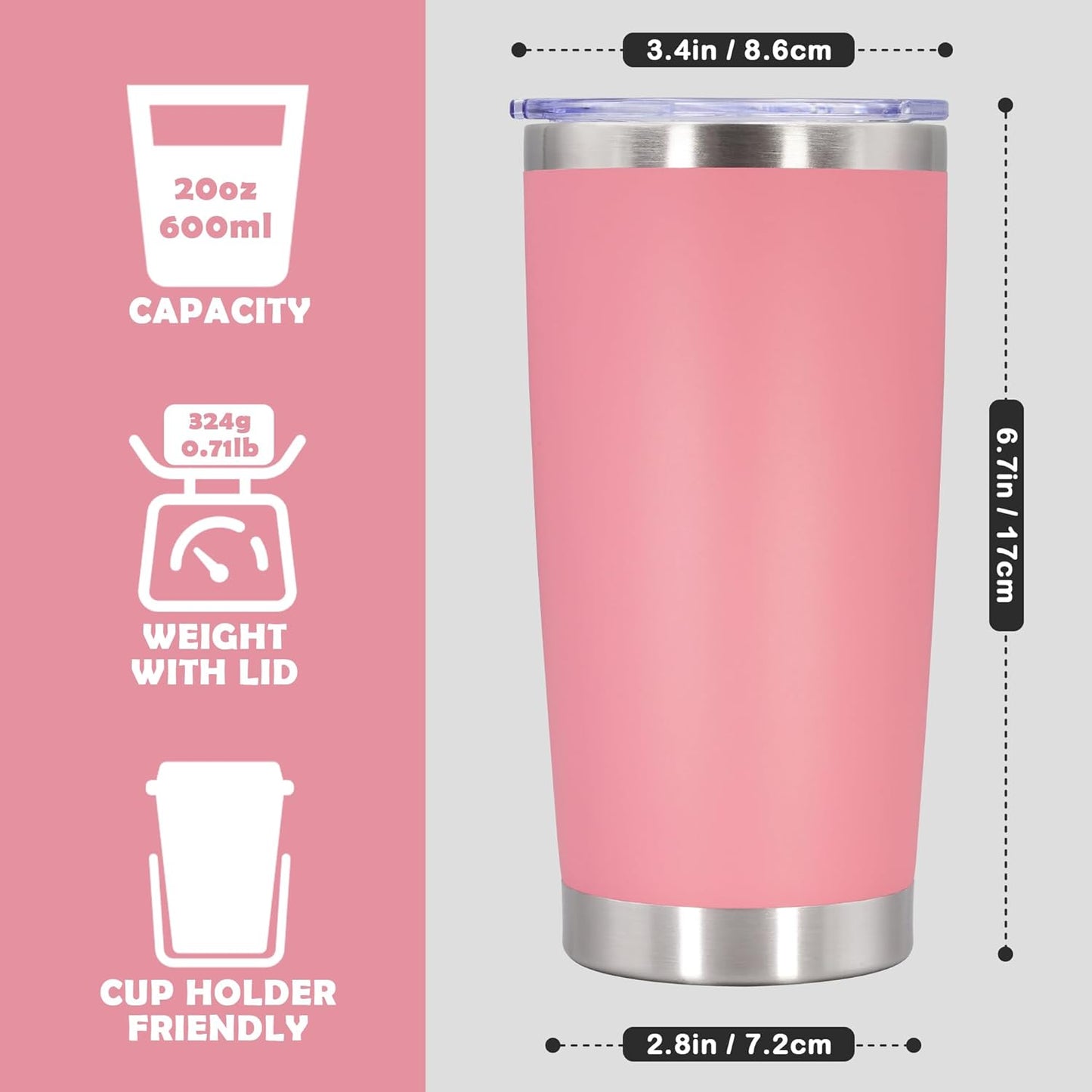 20oz Tumbler Bulk Stainless Steel Tumbler Cup with Lid Vacuum Insulated Double Wall Travel Mug, Durable Powder Coated Travel Coffee Tumbler Mug for Hot & Cold Drinks, Pink,12 Pack