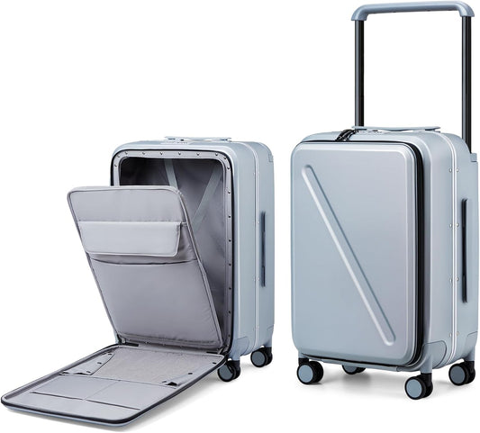 MILADA Wide Handle Luggage with Front Pocket Hardshell Aluminium Check In Suitcase with Wheels Medium 24 Inch Front Opening Checked Luggage with Spinner Wheels TSA Lock Airline Approved Luggage, Grey