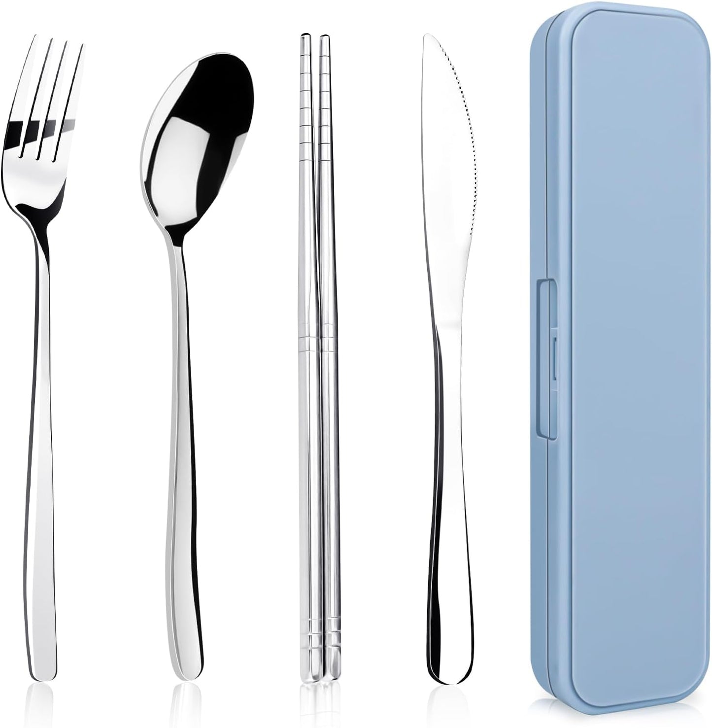 5 Piece Rsiynax Portable Travel Utensils Set with Case, Premium 304 Stainless Steel Camping Utensils Set, Reusable Silverware for Camping, Lunch, Work, School, etc, Easy to Clean (Silver)