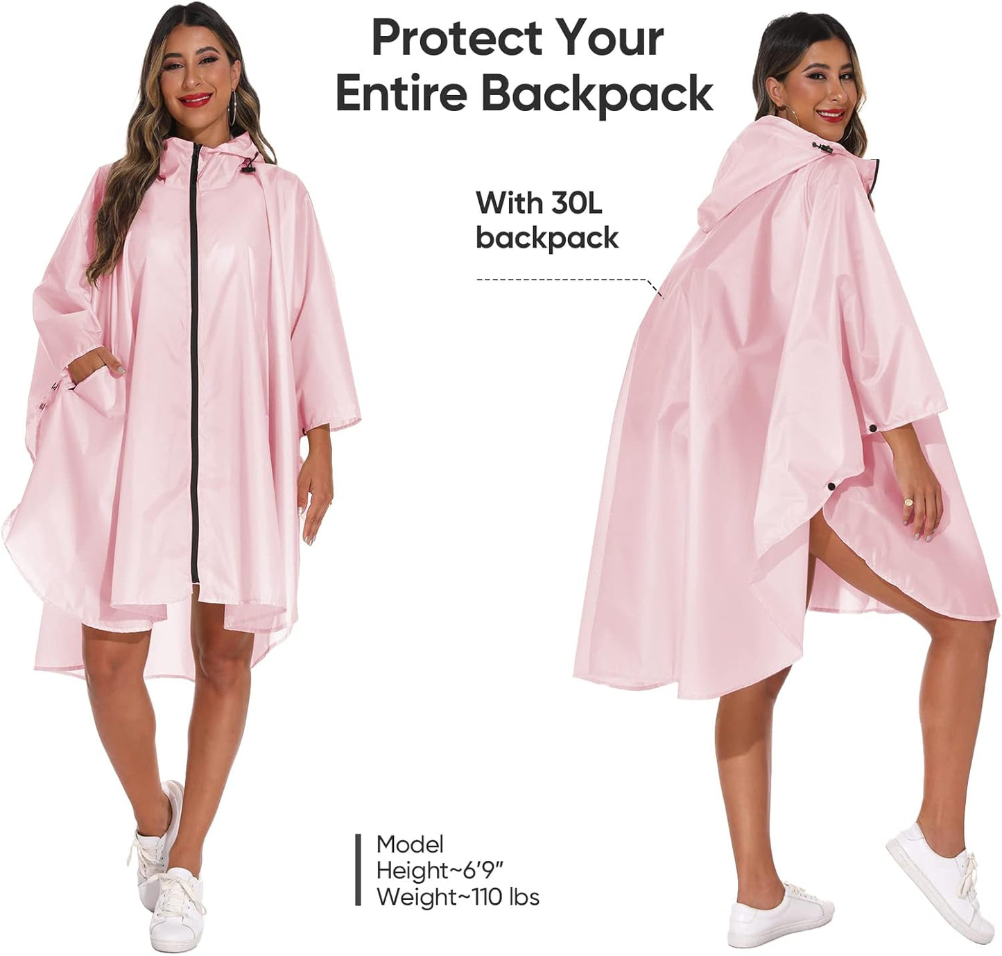 PTEROMY Hooded Rain Poncho for Adult with Pocket and Zipper, Waterproof Lightweight Raincoat for Men and Women