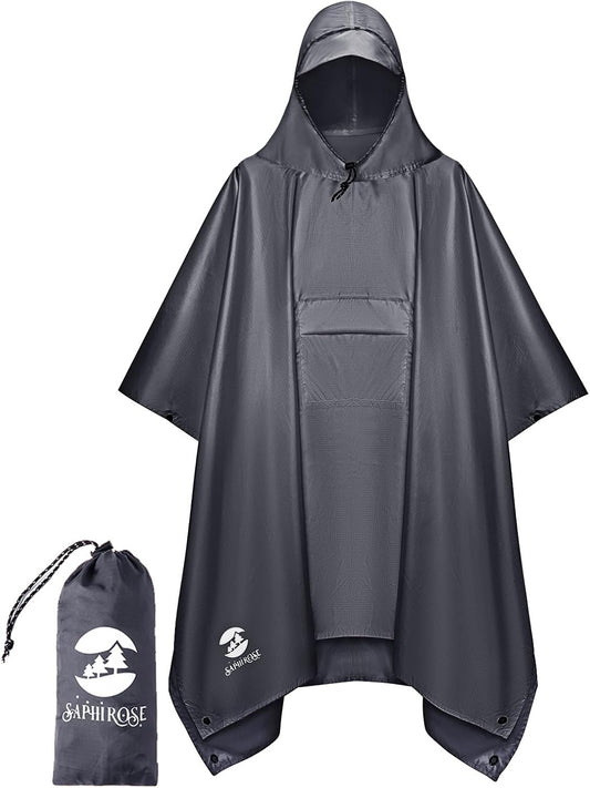 SaphiRose Extra Thick Hooded Rain Poncho Double Layer Waterproof Raincoat Jacket for Men Women Adults