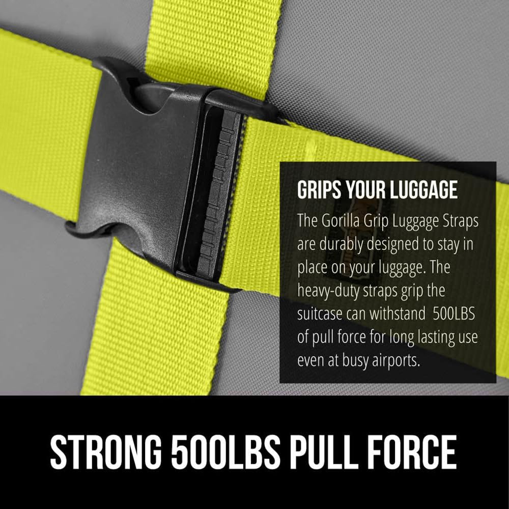 GORILLA GRIP Heavy Duty Adjustable Luggage Straps for Suitcases, Easy to Identify Travel Belt Connector Holds Suitcase Together, Extends Life of Bag, Strap Connects Two Bags, Accessories 2 Pack Yellow