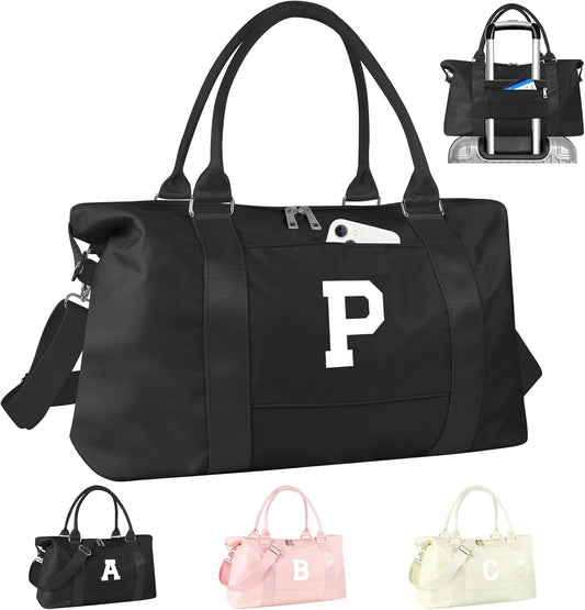 Initial Travel Duffel Bag Sports Gym Bag for Boys Teen Birthday Gifts,Black Personalized Weekender Bag Carry On Tote Bags for Men,Waterproof Overnight Luggage Bag Airplane Travel Essentials(Letter P)