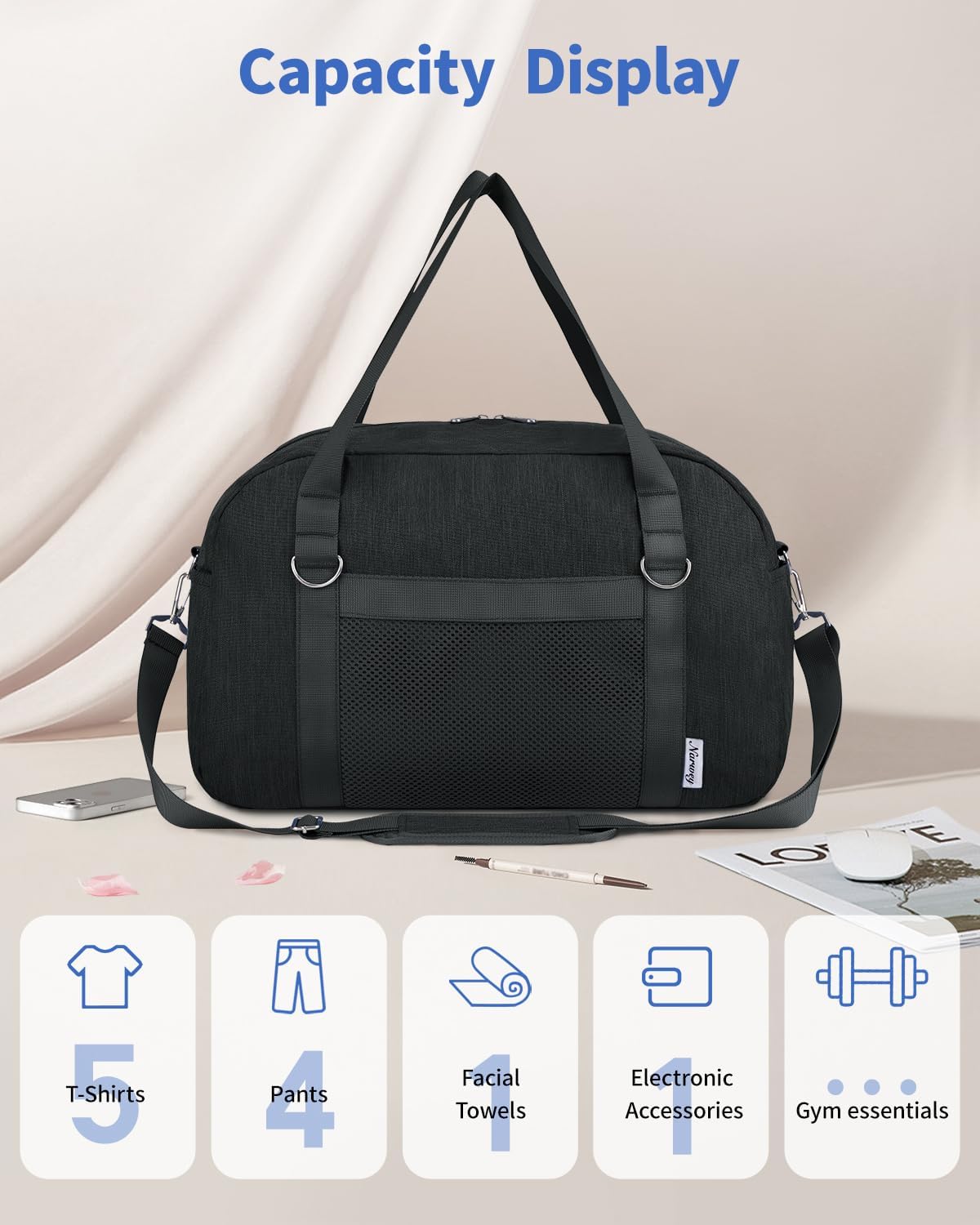 Narwey For Spirit Airlines Personal Item Bag 18x14x8, Small Duffle Bag for Travel, Duffel Bag for Traveling, Carry on Bag for Airplanes Underseat Overnight for Women and Men (Black)