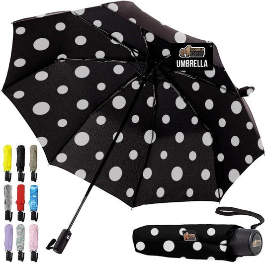GORILLA GRIP Strong Stick Umbrella for Rain, Compact Travel One-Click Automatic Open Close, Lightweight, Portable, US Designed Reinforced Fiberglass Ribs, Wind Resistant, Easy Collapse, Polka Dots