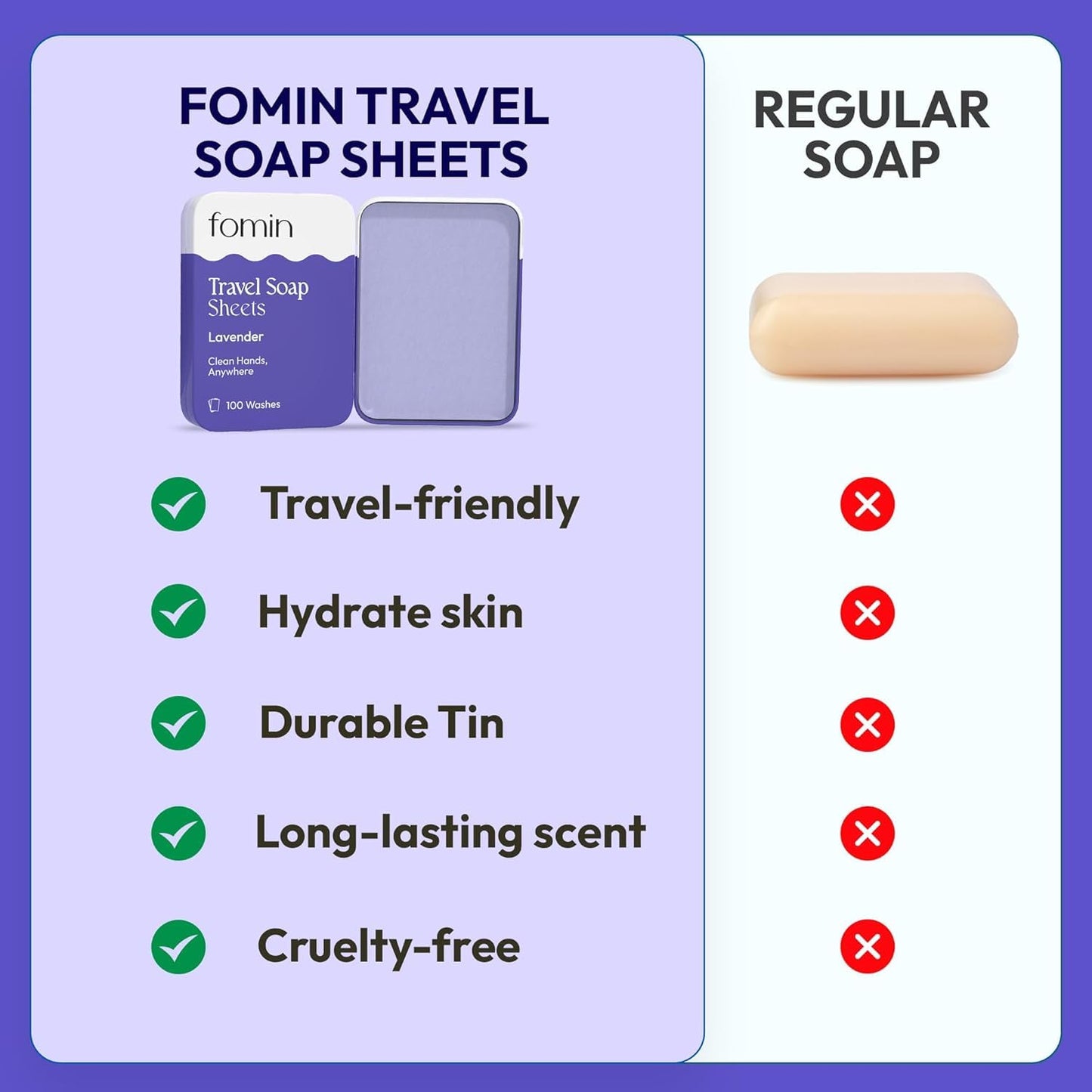 FOMIN - Antibacterial Paper Soap Sheets Tin for Traveling - (300 Sheets) Lavender - Portable Travel Hand Soap Sheet, Dissolvable Mini Camping Hand Soap for Hand Washing