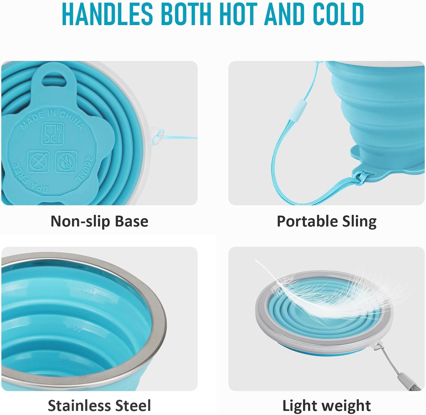 JBER Silicone Collapsible Travel Cup, Silicone Folding Camping Cup with Lids Expandable Drinking Cup for Outdoor Hiking Travel
