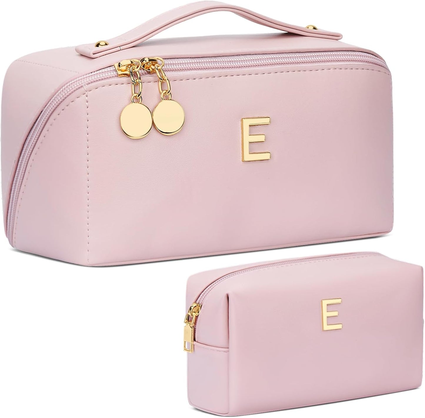 Birthday Gifts for Women Teen Girl, Personalized Initial Makeup Organizer Bag Set, Open Flat Travel Cosmetic Bag With Clear Divider and Handle(Pink,E)