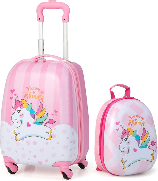 HONEY JOY Kids Luggage, 12" Toddler Backpack & 16" Travel Suitcase with Wheels, Lightweight Toddler Girls Suitcase, Durable ABS Hardshell, 2Pcs Carry On Luggage Set for Boys Girls(White Horse)