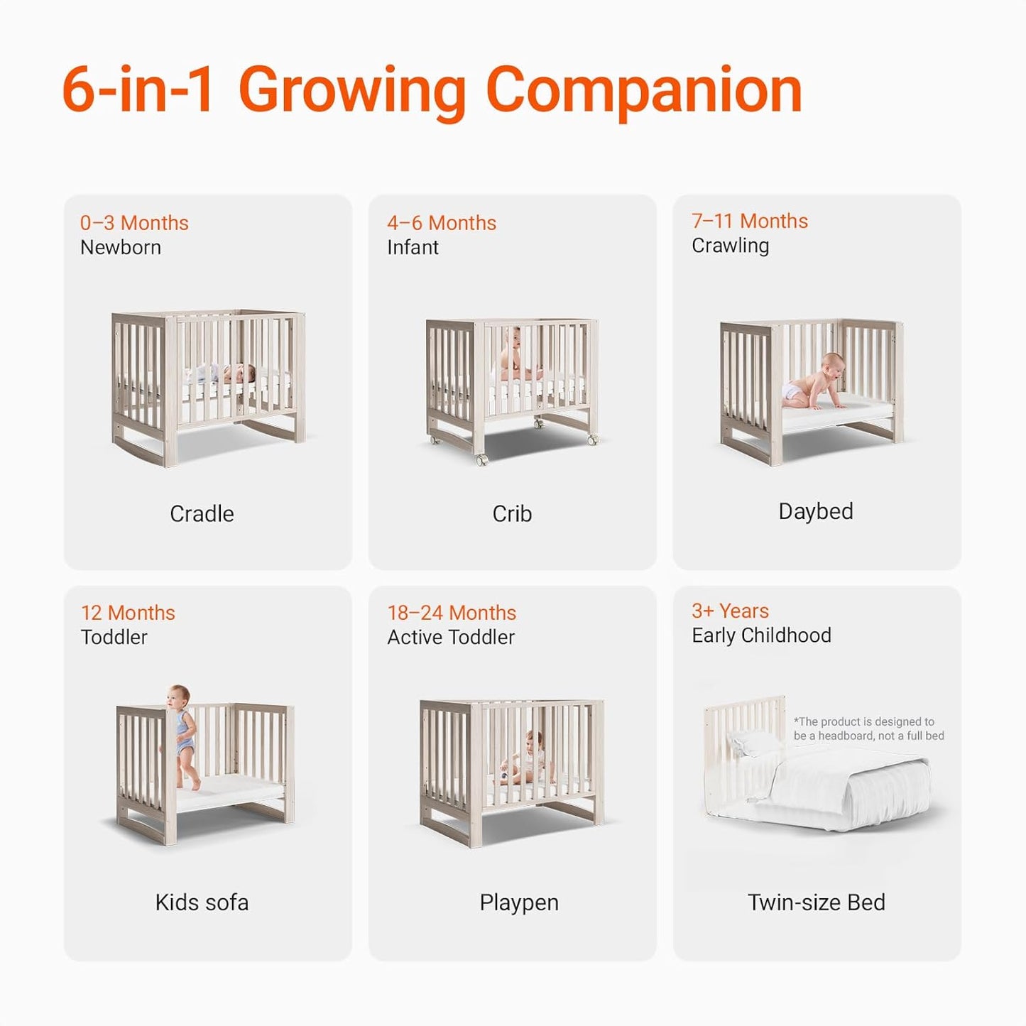 EvoNest Baby Crib, 6 in 1 Convertible Mini Crib with Wheels, 100% New Zealand Wood Growing Bed, 4 Adjustable Mattress Height, Wahsed Natural (Beige)