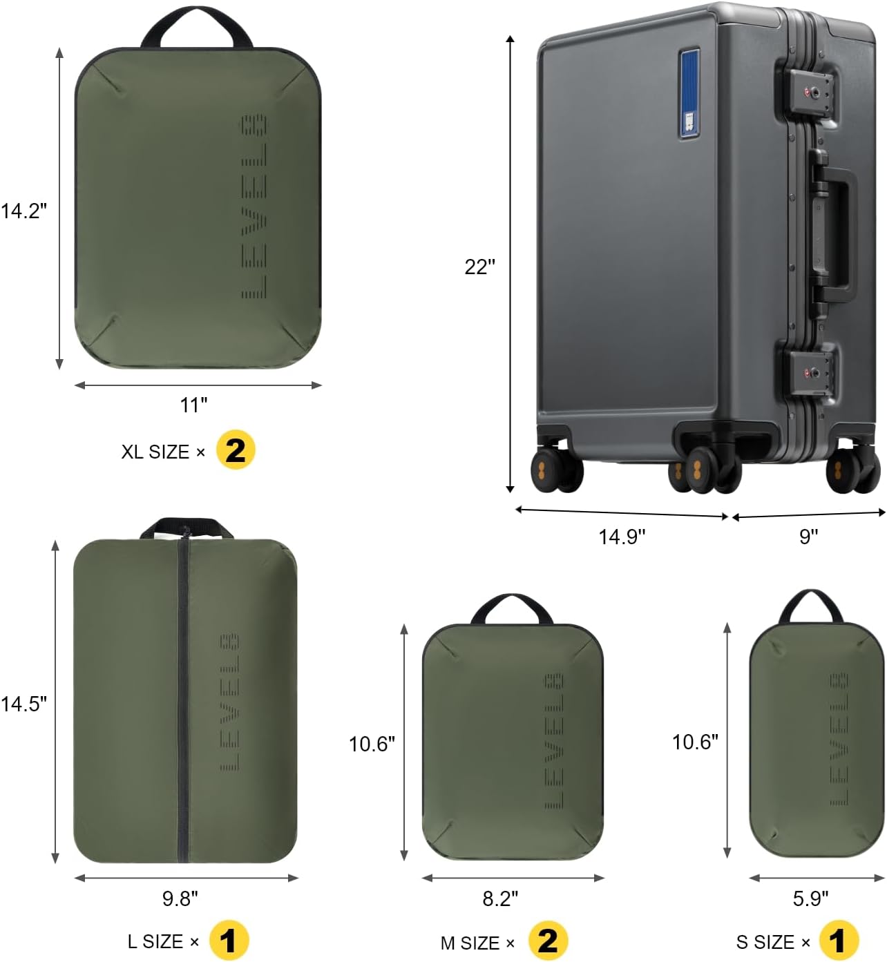 LEVEL8 Zipperless Carry On Luggage Airline Approved with Aluminum Frame, Hard Shell Suitcase with Spinner Wheels, Metal Checked Luggage with Packing Organizers, 20 Inch, Grey