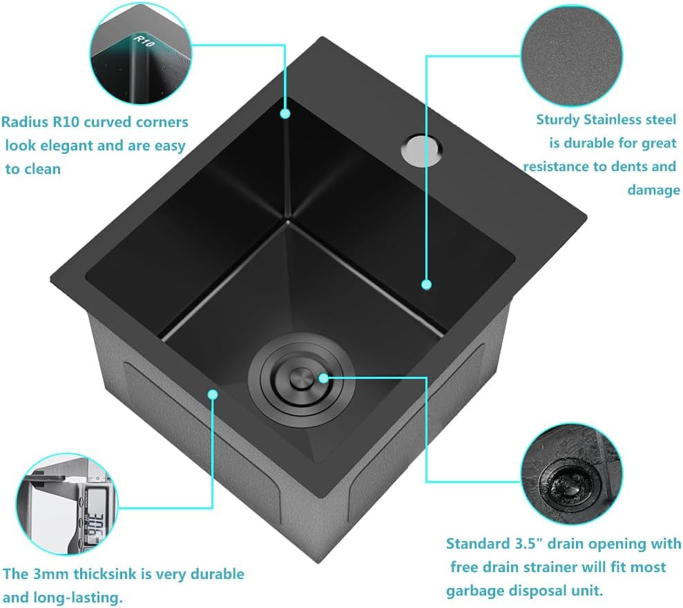 ARTLINE 15 x 15 Inch Black Drop in Bar Sink, Stainless Steel Single Bowl Kitchen Sink, Small Topmount 9 Inch Deep Wet Bar sink for Outdoor Prep RV Yard Laundry Utility with Dish Grid & Drain