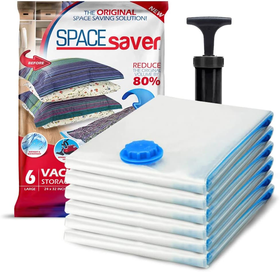 6 Pack Large Vacuum Storage Bags for Comforters, Blankets & Clothes – Vacuum Sealed Compression Bags with Hand Pump – Space Saver Storage Bags for Bedding, Moving, Travel & Organization