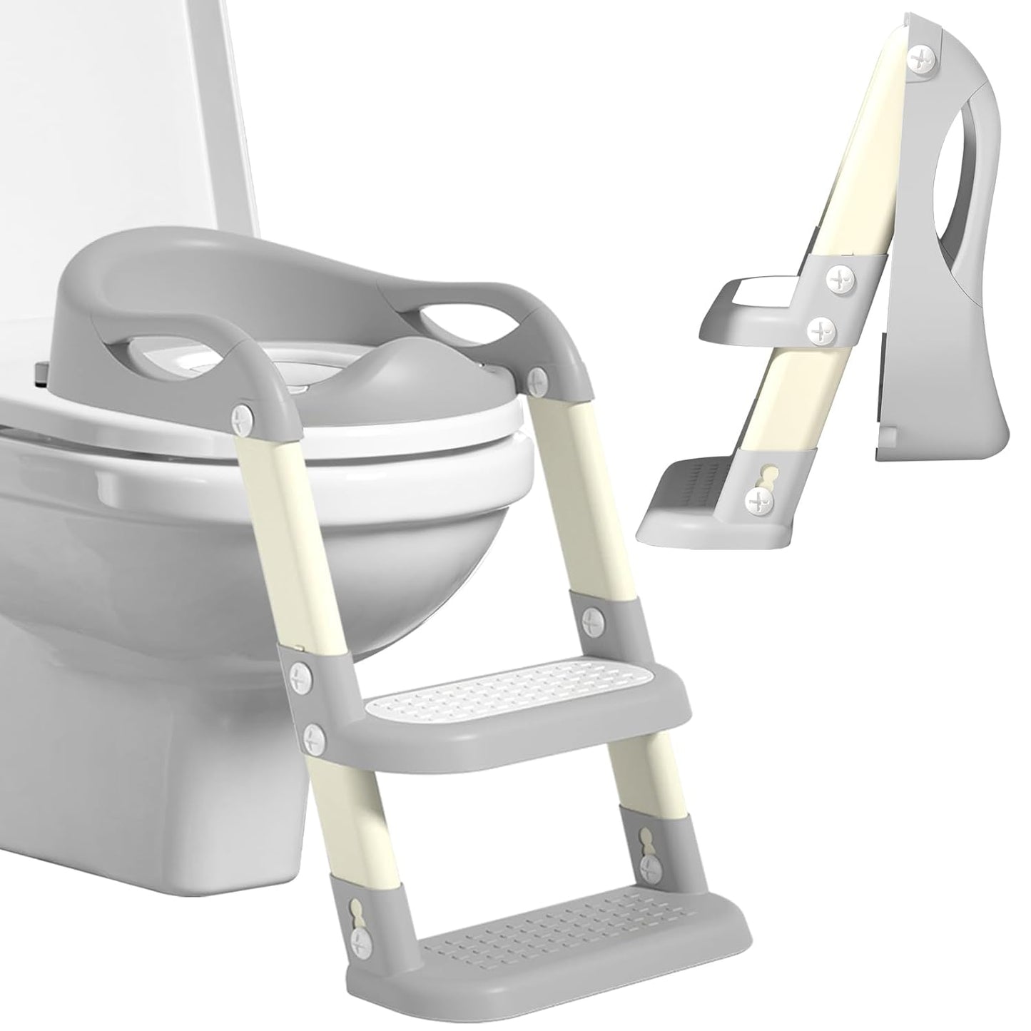 Potty Training Seat with Step Stool Ladder, Adjustable Foldable Potty Seat for Toilet with Anti-Slip Pads Ladder for Kids Boys Girls Toddlers - Grey