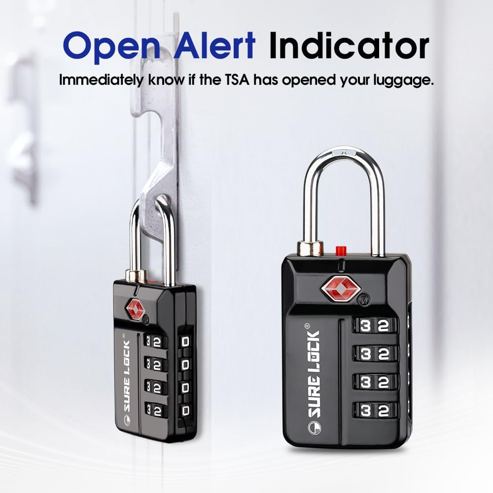 SURE LOCK TSA Approved 4-Digit Resettable Combination Luggage Lock with Open Alert, Easy-Read Dials - for Luggage, School Lockers, Gym, Office, Toolbox & Security Cases (Black 1 Pack)