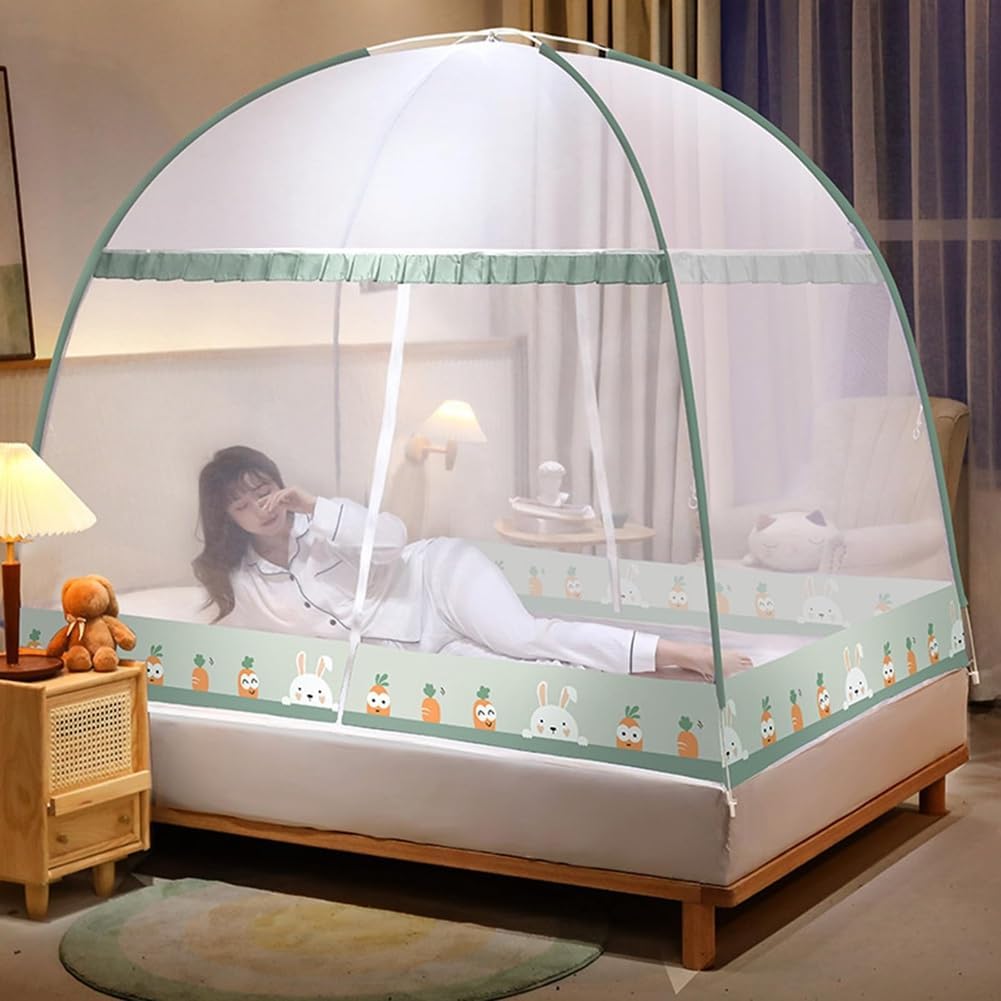 Pop-Up Mosquito Net Tent for Beds Portable Folding Canopy with Net Bottom, Fits Twin to King Size 79x71x59inch, Easy Install Wash for Baby Adults, Indoor Outdoor Use (Green RABIT-Queen Bed)
