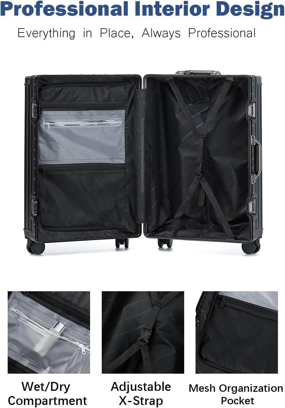 HotWay 20 Inch Aluminum Frame Carry On Luggage with Spinner Wheels, PC Hard Shell Suitcase with Cup Holder, Zipperless Luggage for Business Travel, Black