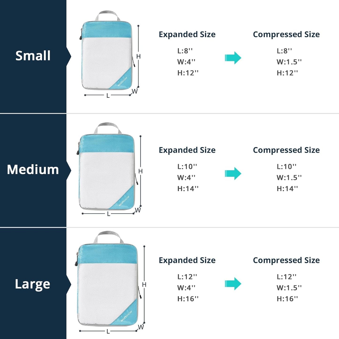 Compression Packing Cubes 3 Set, Compressible Space-Saving Packing Cubes for Travel - Compression Bags, Luggage Organizer, Travel Essentials for Women, Teal