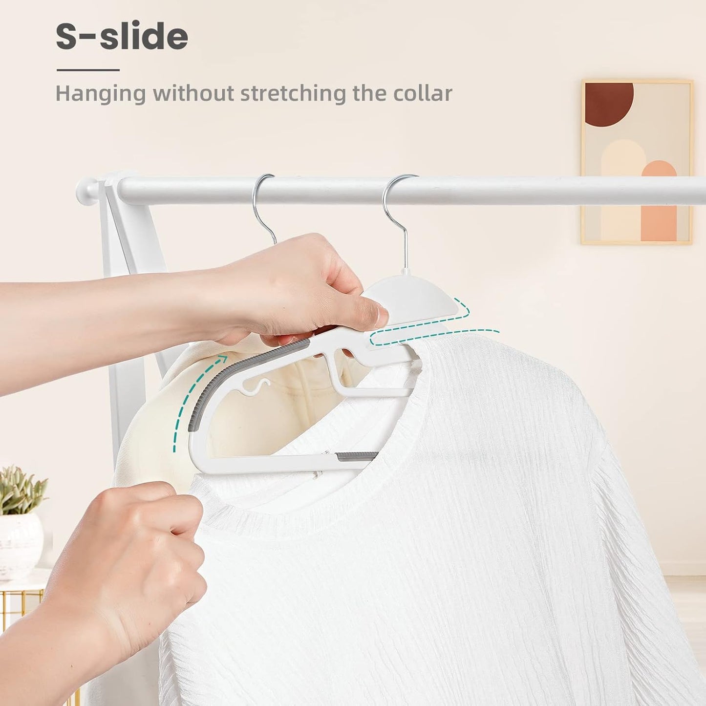 BAGAIL Plastic Hangers 50 Pack with Non-Slip Design,0.2 Inches Thick, 360°Swivel Hook Space Saving Organizer for Bedroom Closet,Shirts,Pants(White- S Shaped)