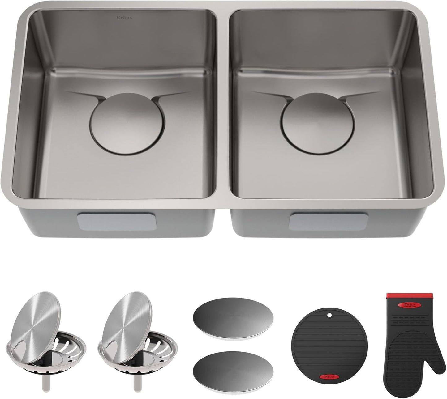 KRAUS Dex 33-Inch Undermount 50/50 Double Bowl TRU16 Gauge Stainless Steel Kitchen Sink with DrainAssure WaterWay and VersiDrain Assembly in Radiant Pearl Finish, KD1UD33B