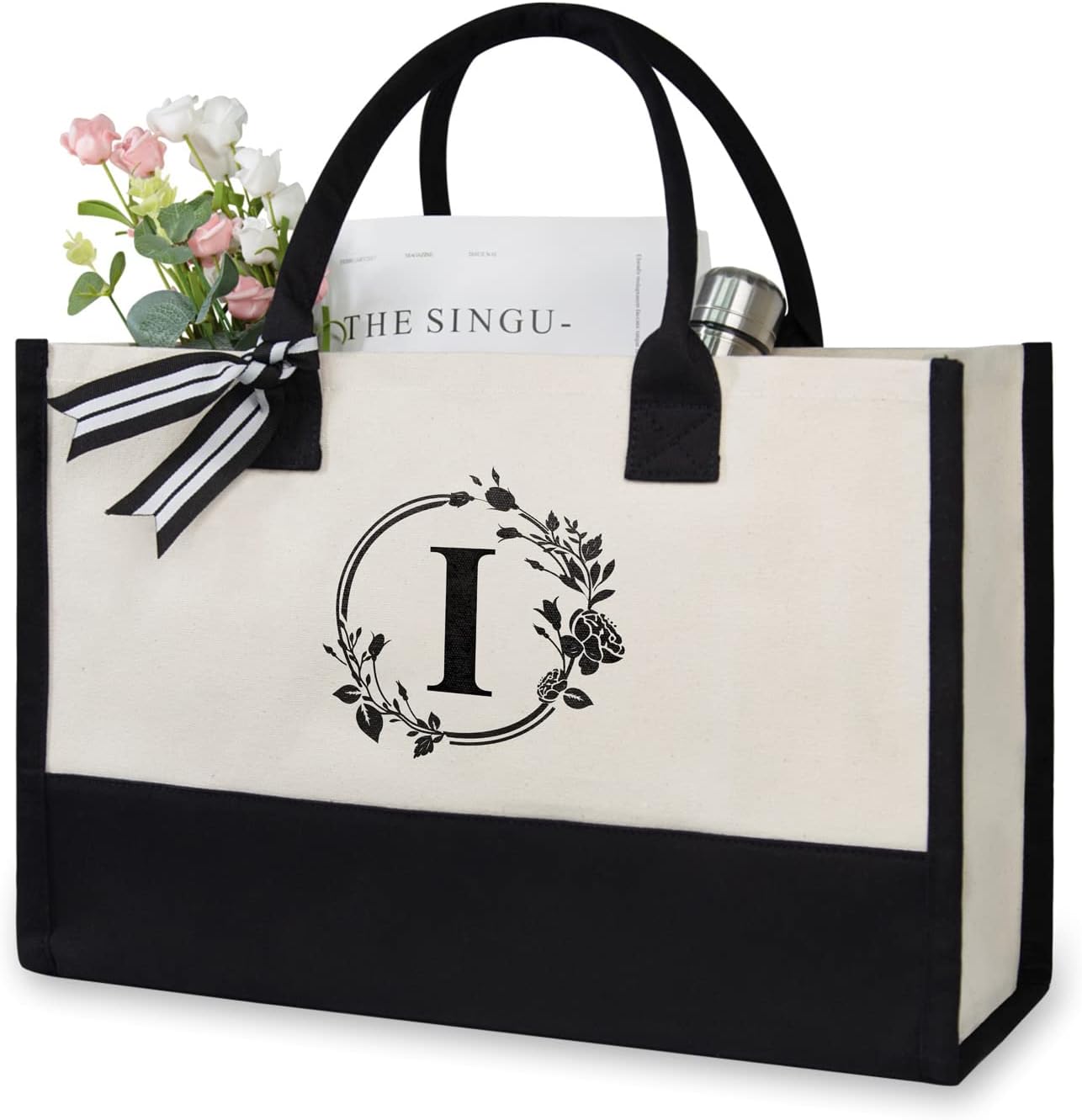 TOPDesign Personalized Initial Jute/Canvas Beach Bag, Monogrammed Gift Tote Bag for Women