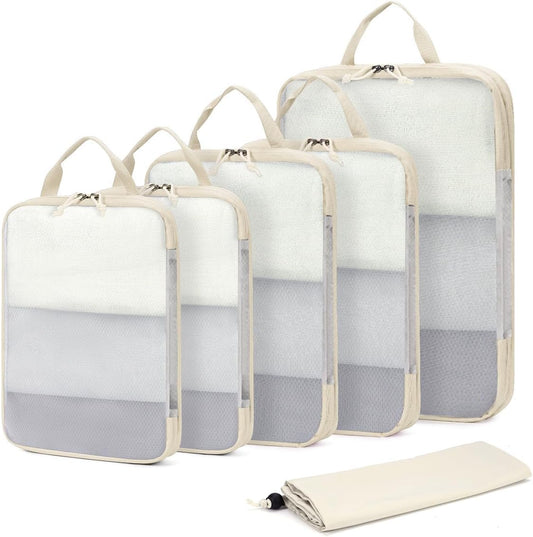 ECOHUB 6 Set Compression Packing Cubes, Lightweight Beach Vacation Travel Essentials Durable Travel Accessories for Suitcase Carry On Luggage Organizer Bags with YKK Zippers Shoe Bag, Beige