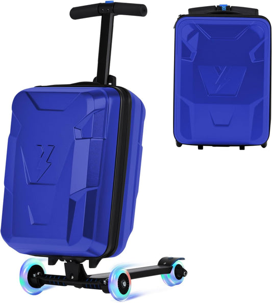 smilesun Scooter Suitcase for Kids & Adults, Foldable Carry On Travel Luggage, Hardside Ride on Scooter Suitcase with LED Light up Wheels，Blue
