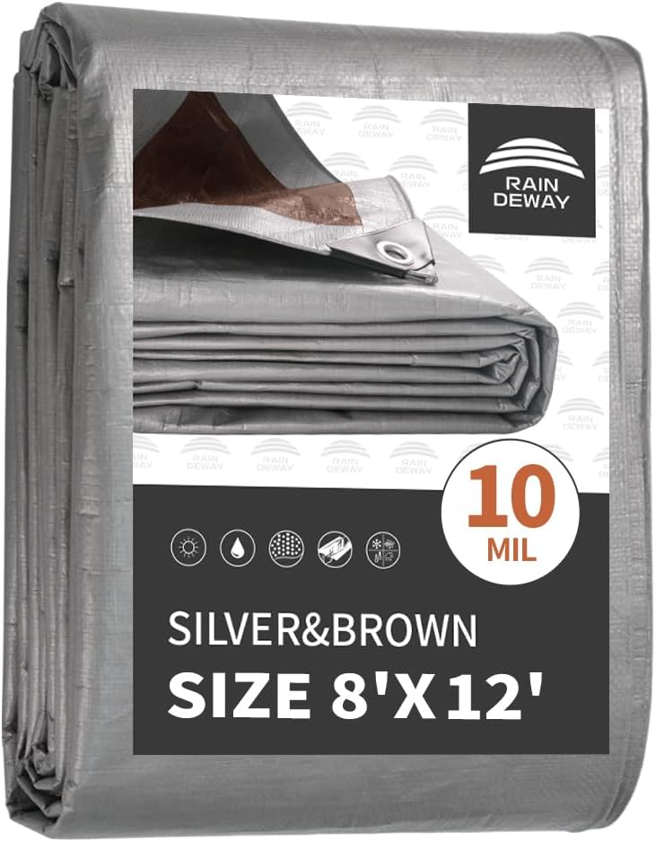 RAINDEWAY Tarps Heavy Duty Waterproof 8x12 Feet, 10Mil Multipurpose Poly Tarp Cover with Metal Grommets Camping Tarpaulin, Silver/Brown Tarp Finished Size