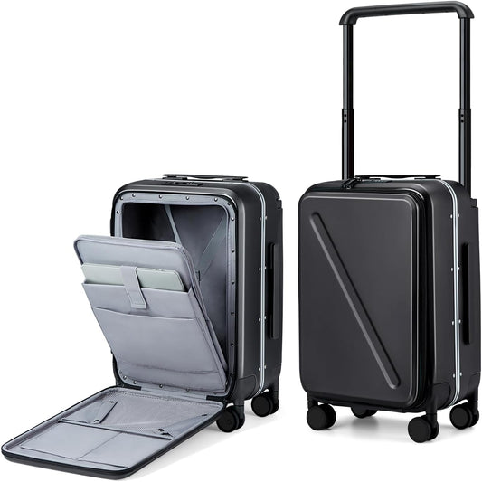 MILADA Wide Handle Carry On Luggage with Front Pocket Hardshell 20 Inch Front Opening Luggage with Spinner Wheels TSA Lock Aluminium Suitcase Airline Approved Carry-On Travel Luggage, Black
