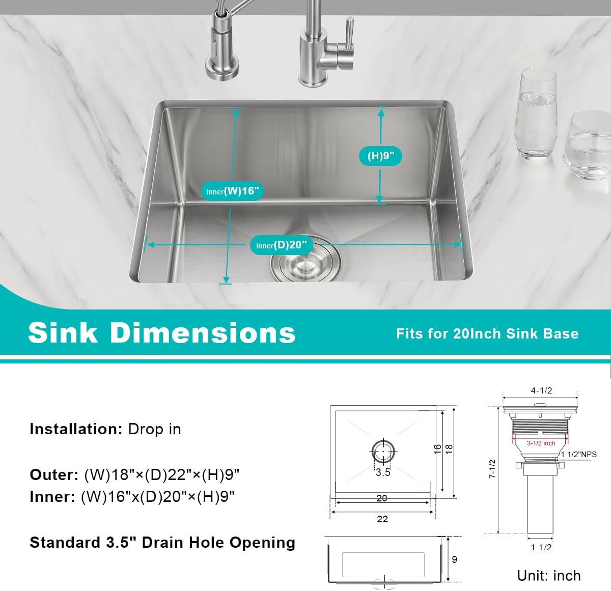 22 Inch Kitchen Bar Sink Undermount, 304 Stainless Steel Handmade Single Bowl Undermount Kitchen Sink (Brushed) 22x18x9 inch