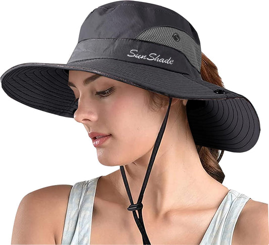 ZOORON Women's Ponytail Safari Sun Hat,Wide Brim UV Protection Outdoor Bucket Hat,Foldable Beach Summer Fishing Hat