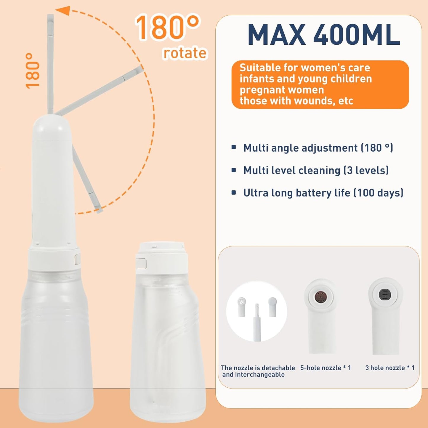 Portable Bidet, Electric Rechargeable Women's Perineal Bottle, 400ml Water Tank, 3 Pressure Modes, with 2 Replaceable Nozzles, Suitable for Men, Women, Babies and Postpartum Cleaning (White)