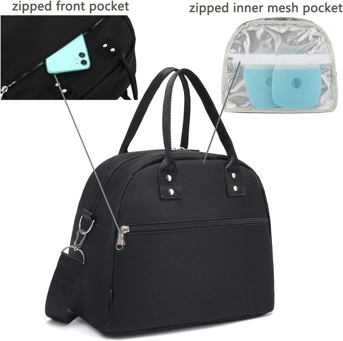 FlowFly Insulated Lunch Bag With Shoulder Strap for Women, Men, and Kids, Large and Reusable, Handle, Freezable Work and School Travel Tote and Meal Prep Organizer (Black)