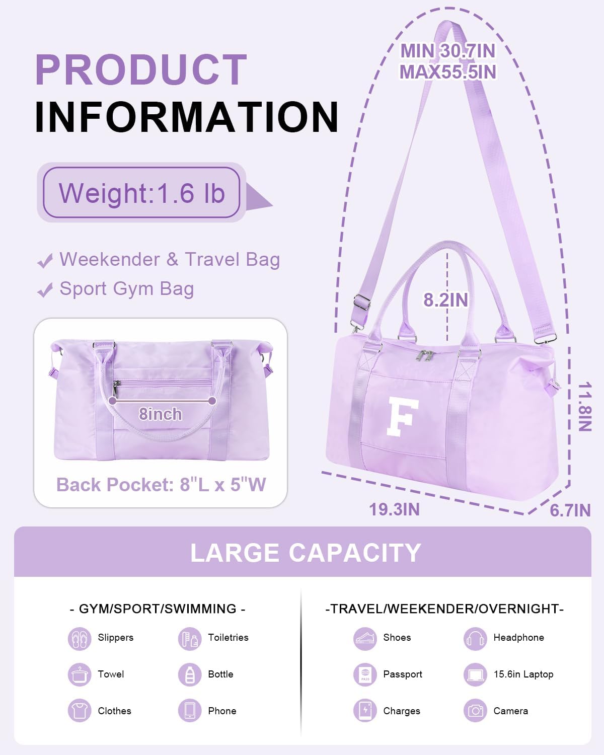 Daughter Niece Gifts for Teen Girl Kids, Initial Travel Duffel Bag Sports Gym Bag Personalized Gifts Weekender Bag，Monogram Overnight Bag Cute Dance Bag Birthday Bridesmaid Gifts for Women(Purple, F)