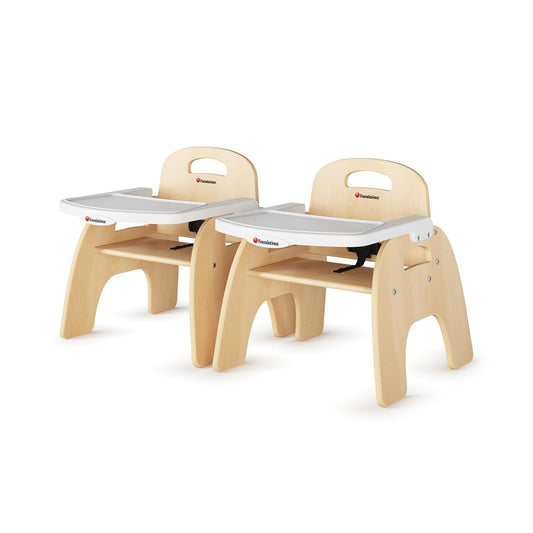 Foundations Easy Serve Low Wood Feeding Chairs Multipack, Adjustable Harness, Removable Dishwasher Safe Tray, No-Tip Base, Stackable Toddler Chairs, 2 Pack (9 inch)