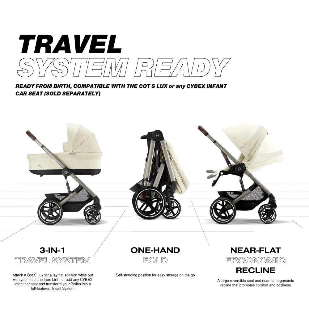 Cybex Balios S Lux Toddler and Baby Stroller with Reversible Seat, Unique One-Pull Harness, and Multiple Recline - Travel System Ready, with One Hand Fold, Taupe Frame/Seashell Beige Seat
