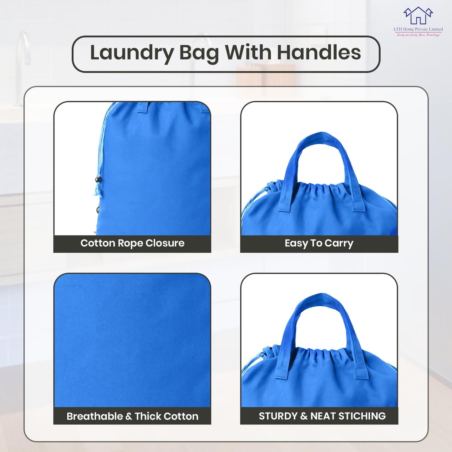 LFH Home Cotton Canvas Large Laundry Bag with Handle, Heavy Duty Drawstring Closure Washable Laundry Bags, School Travel, Home, Hotel, College Dorm, Organizer Sack, Toys Clothes 28x36-Sky Blue