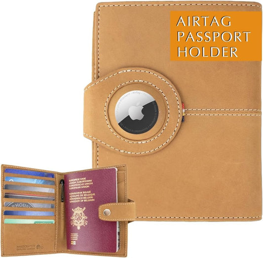 GARZINI Passport Holder with AirTag, Passport Wallet with RFID, Travel Accessories, Travel Document Holder with ID Window, Leather Passport Holder for 7 Cards, Camel Brown