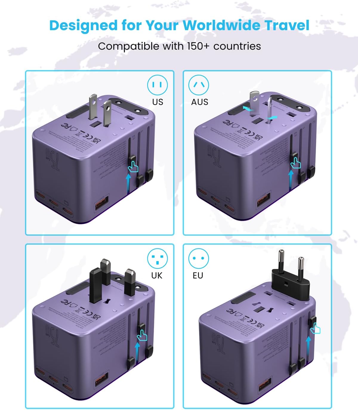 Universal Travel Adapter, VINTAR 75W GaN International Power Adapter with 3 USB C PD and 2 USB A QC, All in One Travel Essentials for UK/EU/USA/AUS, Travel Adapter Worldwide for Laptops Phones, Purple